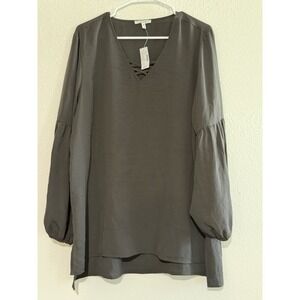 Maurices 24/7 Shirt Plus Size 2X Dark Gray Lace Up V‎ Neck 3/4 Sleeve